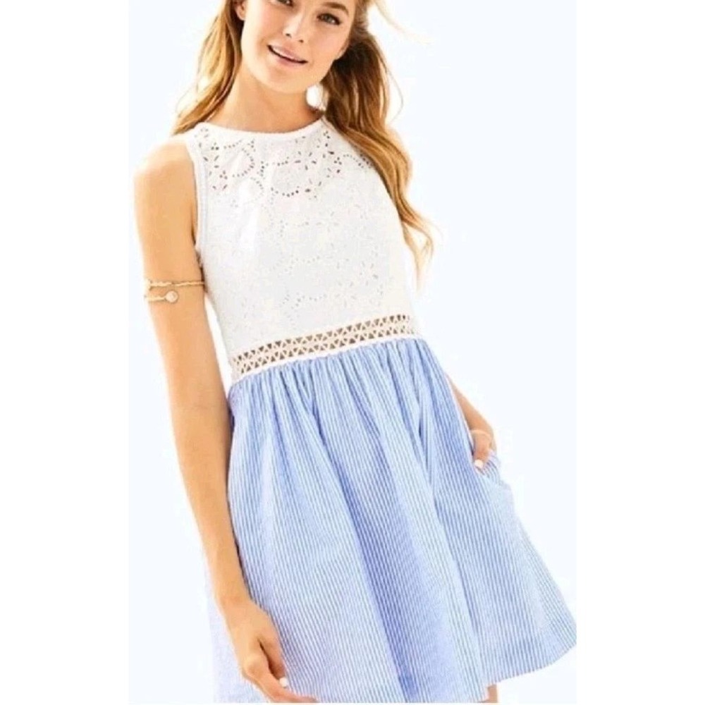 Lilly Pulitzer Alivia Seersucker Eyelet Dress 10 Blue White Coastal Preppy